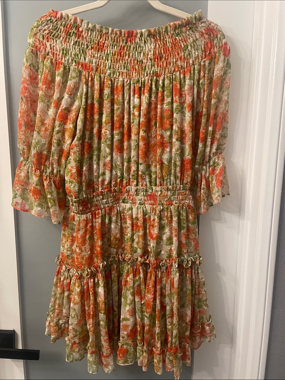 Misa Los Angeles Off-Shoulder Floral Tiered Mini Dress in Orange & Olive